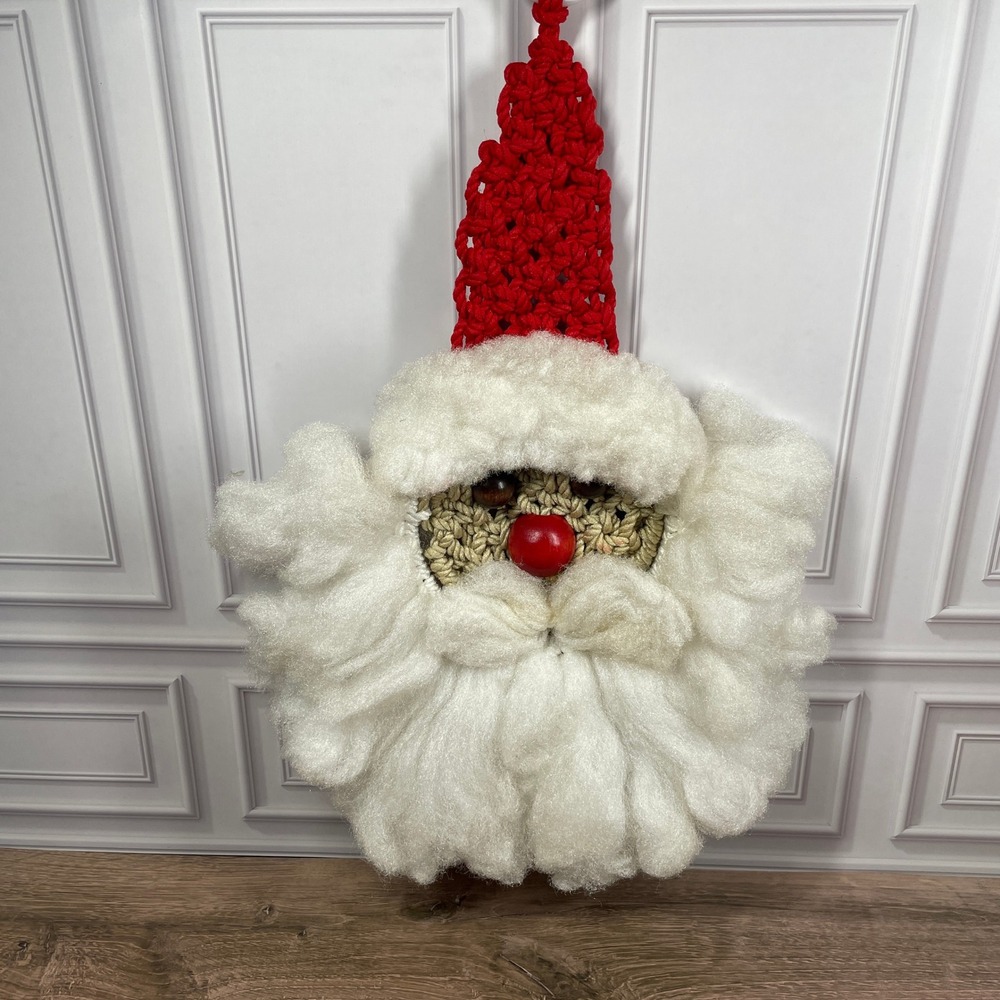 Vintage Crochet Macrame Santa Face Christmas Holiday Decoration Wall Hanging